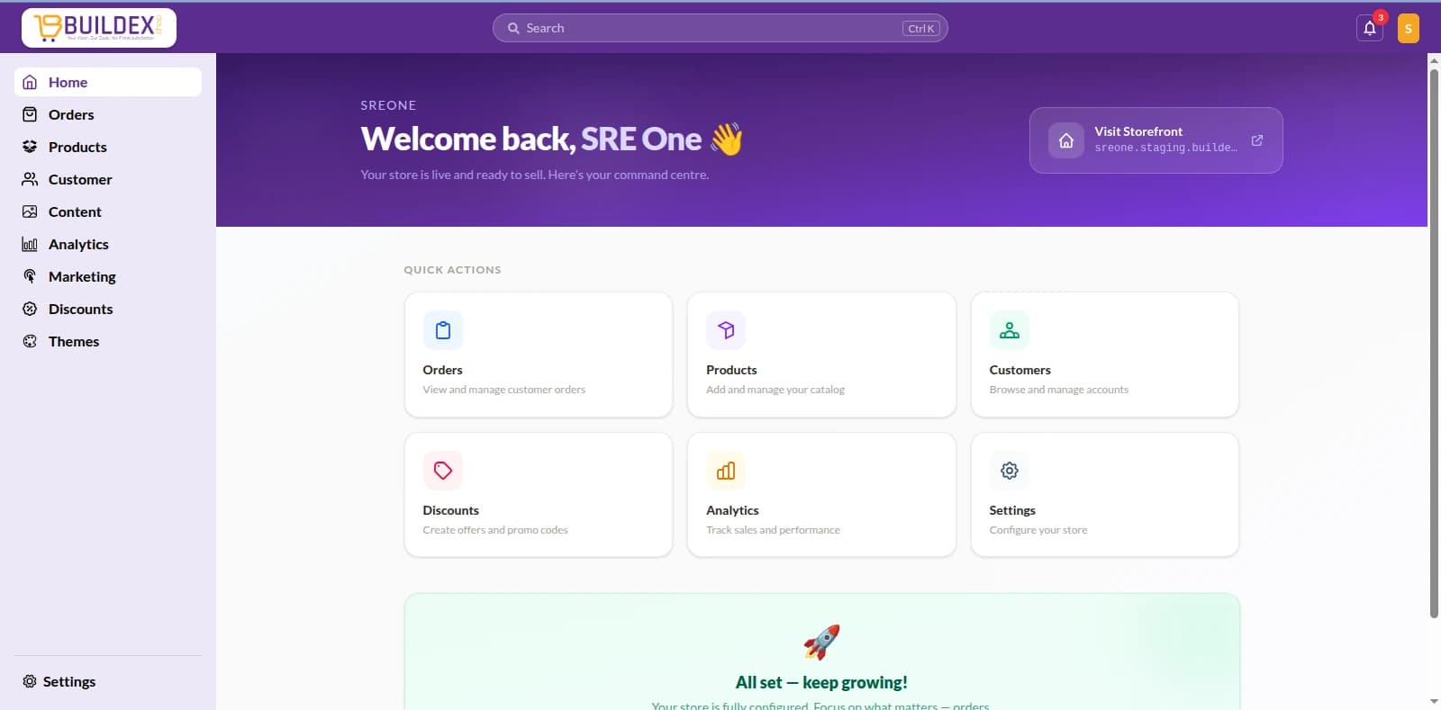 Buildex admin — welcome banner and quick actions